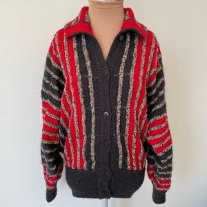 Escada Vintage 1980s Western Germany SEB Wool Alpaca Red Gray Stripe Sweater 34